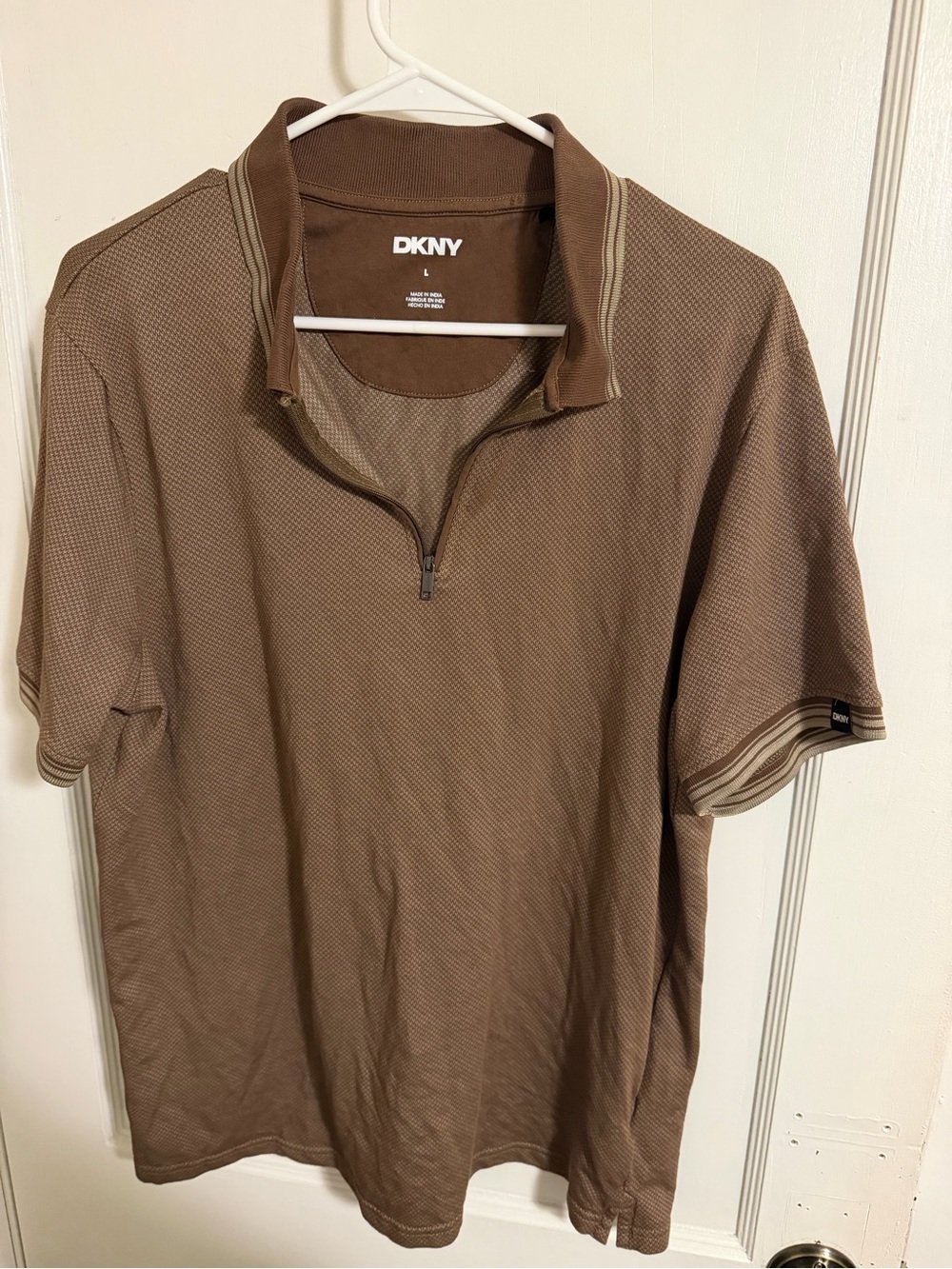 DKNY Men’s Brown Short-Sleeve Zip Polo with Contrast Trim
